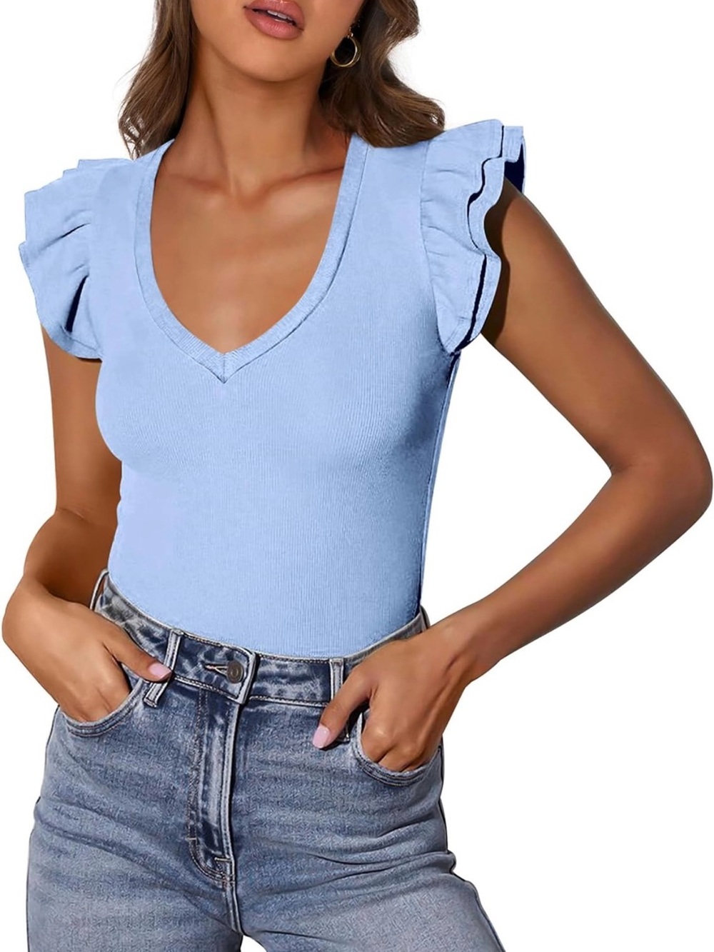 NEW Light Blue Ruffle Sleeve V-Neck Rib Top Size Medium